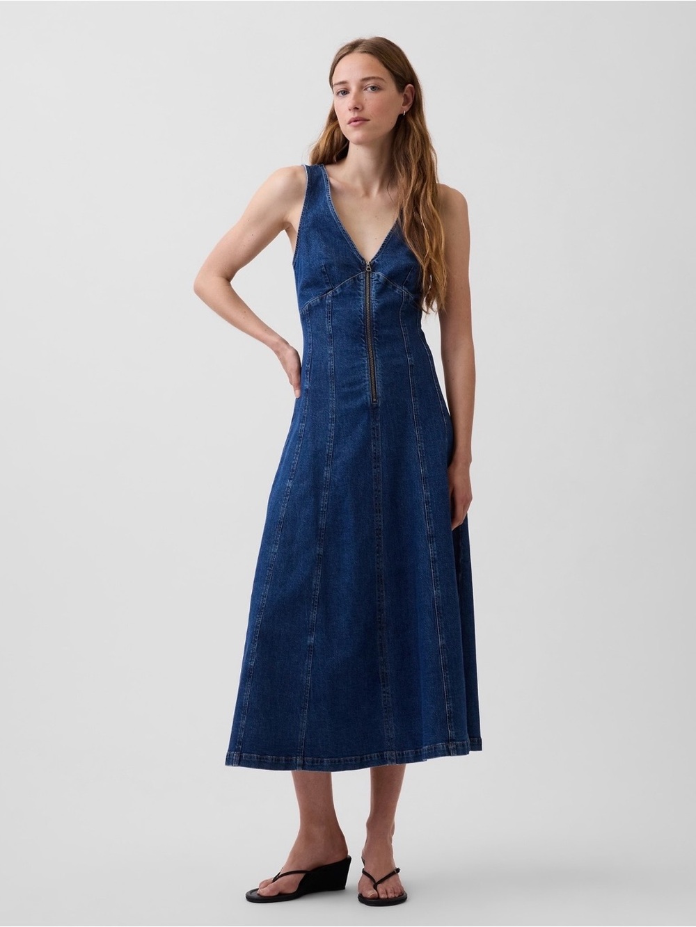 GAP Denim Seamed Zip-Front Midi Dress. Size M. - Picture 1 of 5